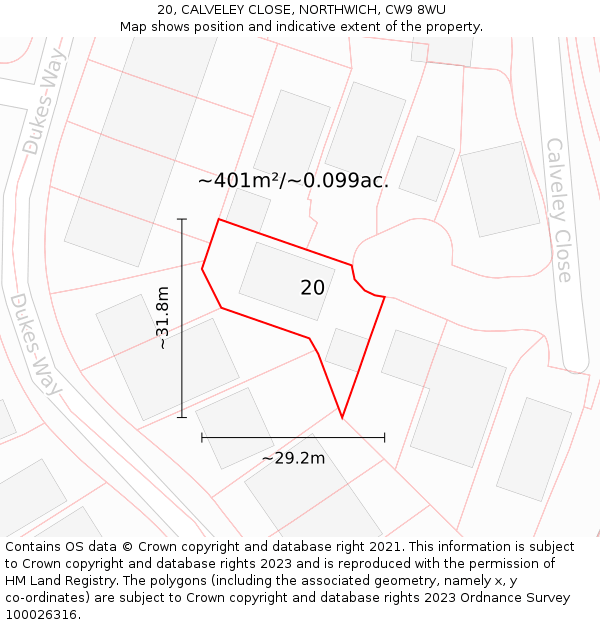 20, CALVELEY CLOSE, NORTHWICH, CW9 8WU: Plot and title map