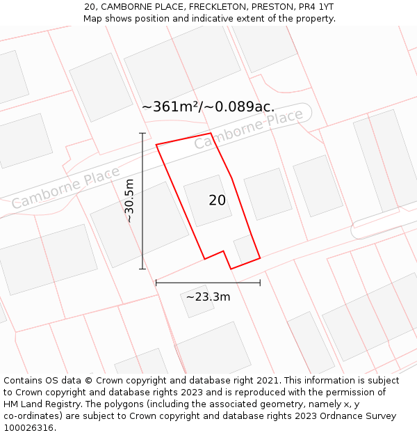 20, CAMBORNE PLACE, FRECKLETON, PRESTON, PR4 1YT: Plot and title map