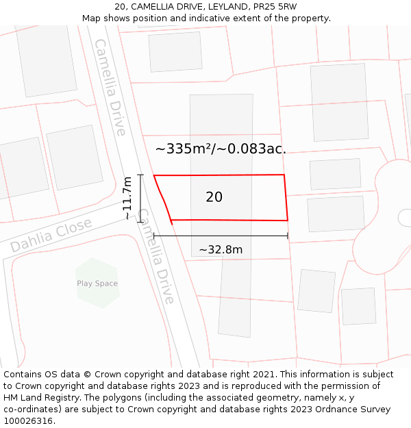 20, CAMELLIA DRIVE, LEYLAND, PR25 5RW: Plot and title map