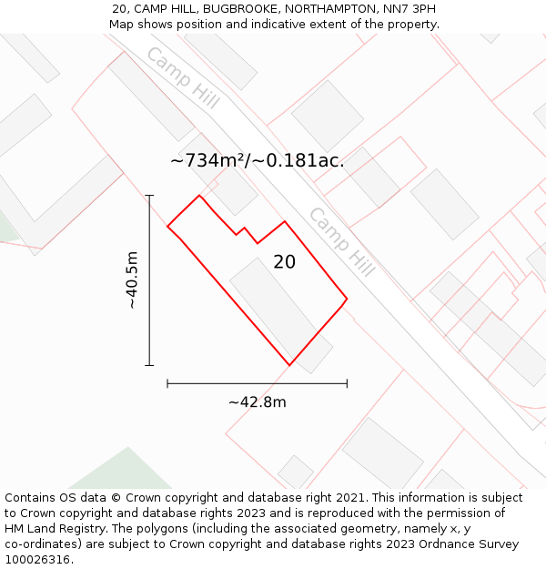 20, CAMP HILL, BUGBROOKE, NORTHAMPTON, NN7 3PH: Plot and title map