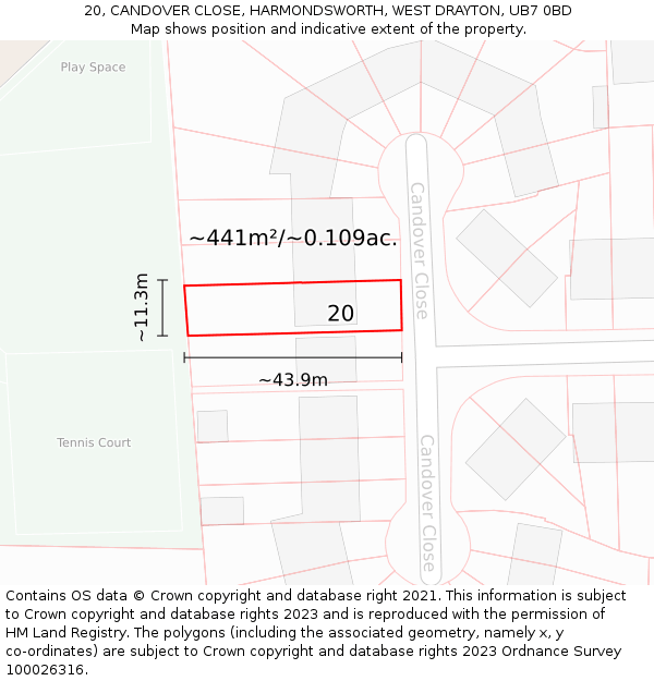 20, CANDOVER CLOSE, HARMONDSWORTH, WEST DRAYTON, UB7 0BD: Plot and title map