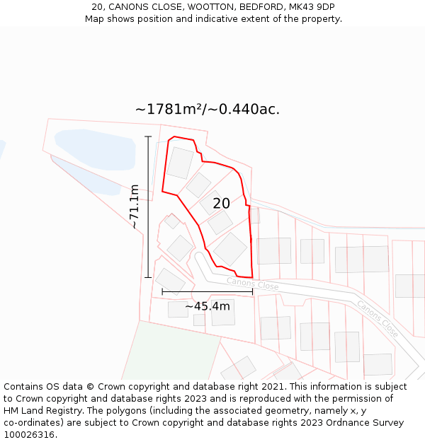 20, CANONS CLOSE, WOOTTON, BEDFORD, MK43 9DP: Plot and title map