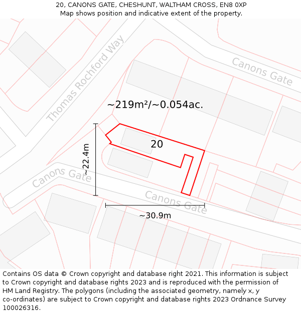 20, CANONS GATE, CHESHUNT, WALTHAM CROSS, EN8 0XP: Plot and title map