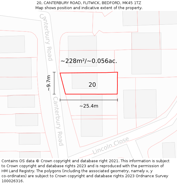 20, CANTERBURY ROAD, FLITWICK, BEDFORD, MK45 1TZ: Plot and title map