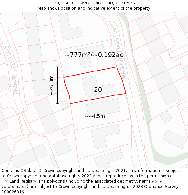 20, CAREG LLWYD, BRIDGEND, CF31 5BS: Plot and title map