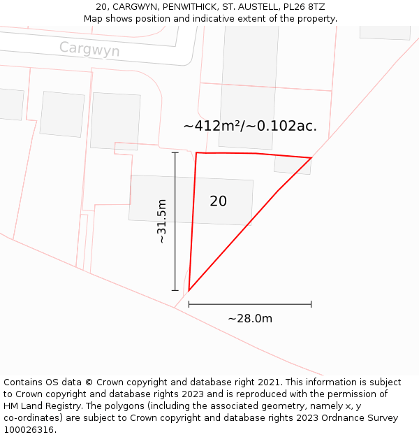 20, CARGWYN, PENWITHICK, ST. AUSTELL, PL26 8TZ: Plot and title map