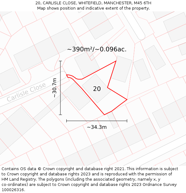 20, CARLISLE CLOSE, WHITEFIELD, MANCHESTER, M45 6TH: Plot and title map
