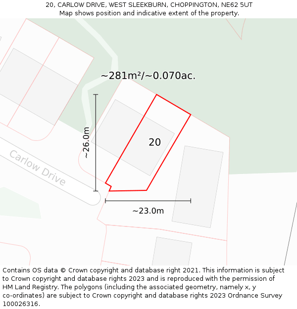 20, CARLOW DRIVE, WEST SLEEKBURN, CHOPPINGTON, NE62 5UT: Plot and title map
