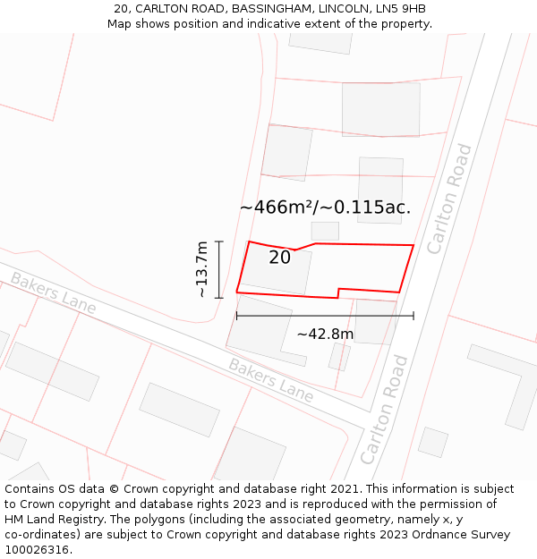 20, CARLTON ROAD, BASSINGHAM, LINCOLN, LN5 9HB: Plot and title map