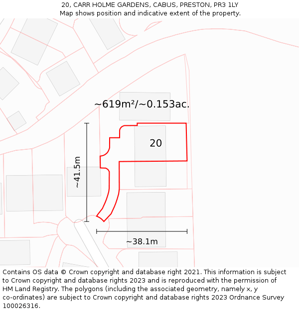 20, CARR HOLME GARDENS, CABUS, PRESTON, PR3 1LY: Plot and title map