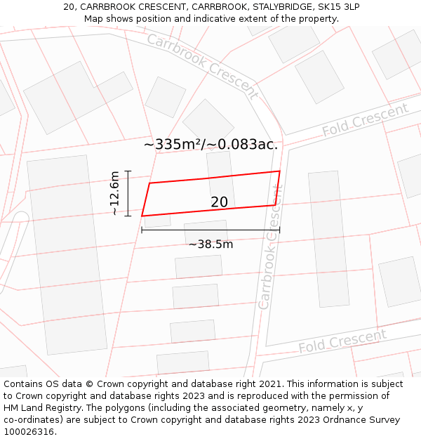20, CARRBROOK CRESCENT, CARRBROOK, STALYBRIDGE, SK15 3LP: Plot and title map