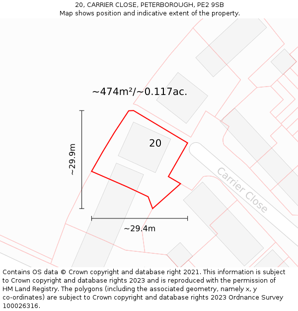 20, CARRIER CLOSE, PETERBOROUGH, PE2 9SB: Plot and title map