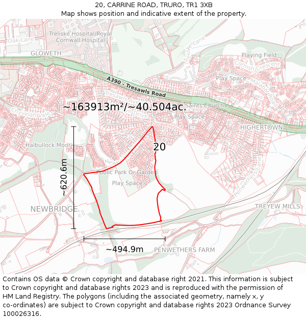 20, CARRINE ROAD, TRURO, TR1 3XB: Plot and title map