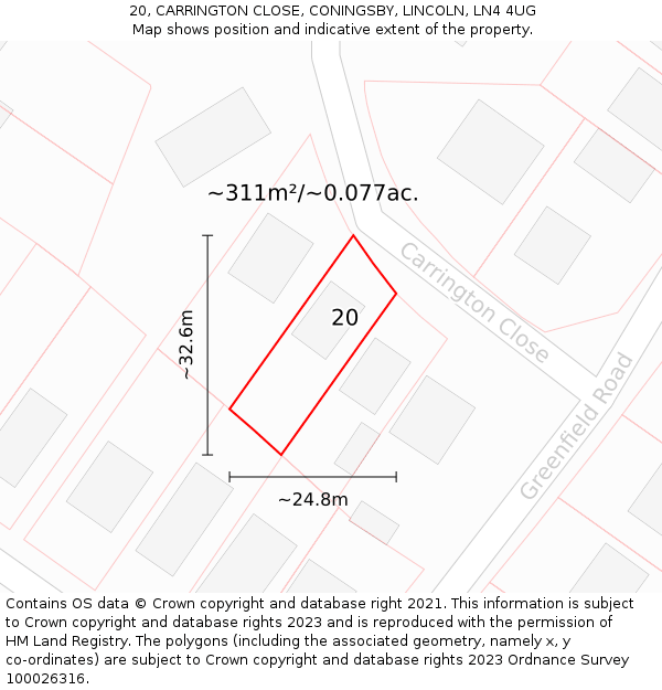 20, CARRINGTON CLOSE, CONINGSBY, LINCOLN, LN4 4UG: Plot and title map