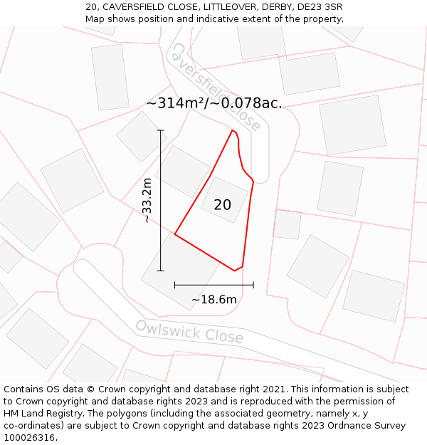 20, CAVERSFIELD CLOSE, LITTLEOVER, DERBY, DE23 3SR: Plot and title map