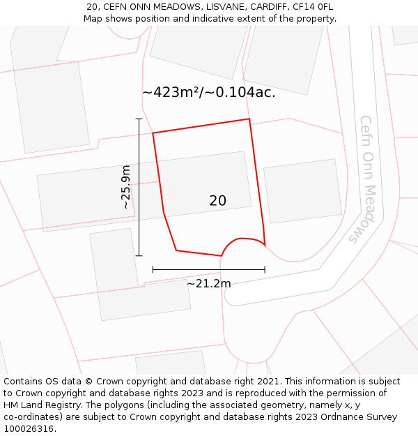 20, CEFN ONN MEADOWS, LISVANE, CARDIFF, CF14 0FL: Plot and title map