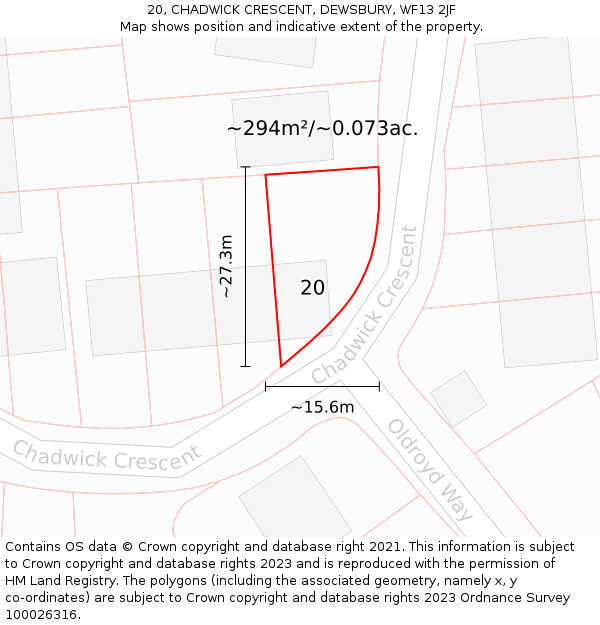 20, CHADWICK CRESCENT, DEWSBURY, WF13 2JF: Plot and title map
