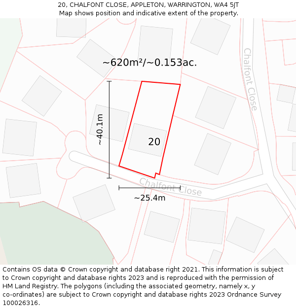 20, CHALFONT CLOSE, APPLETON, WARRINGTON, WA4 5JT: Plot and title map