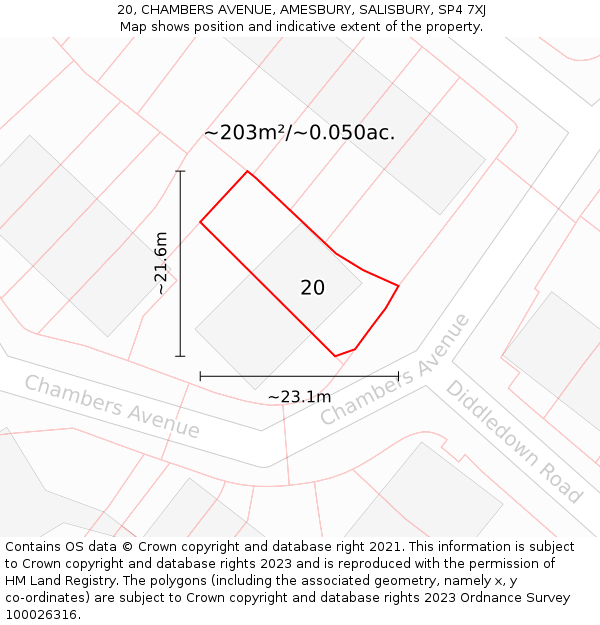 20, CHAMBERS AVENUE, AMESBURY, SALISBURY, SP4 7XJ: Plot and title map