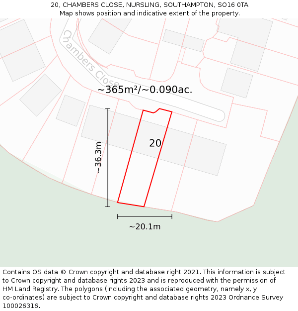 20, CHAMBERS CLOSE, NURSLING, SOUTHAMPTON, SO16 0TA: Plot and title map