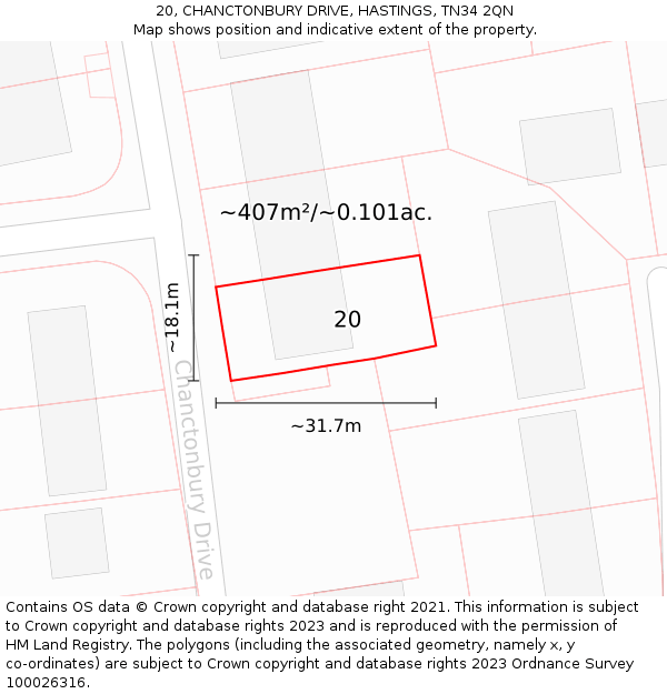 20, CHANCTONBURY DRIVE, HASTINGS, TN34 2QN: Plot and title map