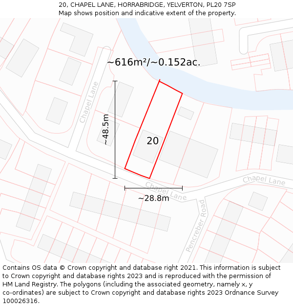 20, CHAPEL LANE, HORRABRIDGE, YELVERTON, PL20 7SP: Plot and title map