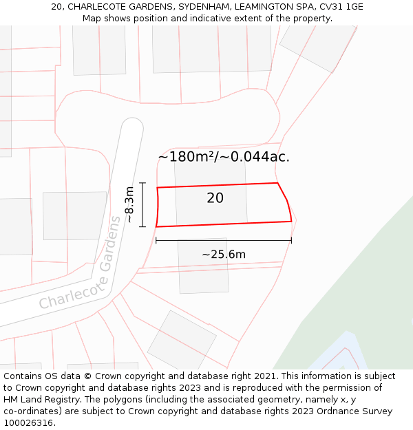 20, CHARLECOTE GARDENS, SYDENHAM, LEAMINGTON SPA, CV31 1GE: Plot and title map