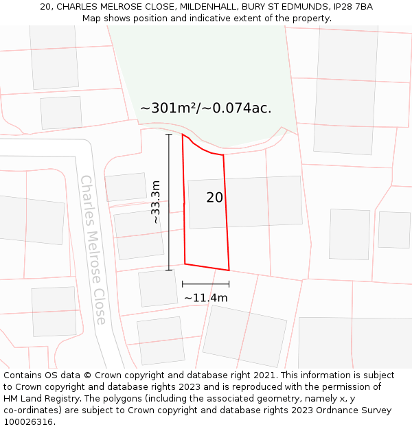 20, CHARLES MELROSE CLOSE, MILDENHALL, BURY ST EDMUNDS, IP28 7BA: Plot and title map