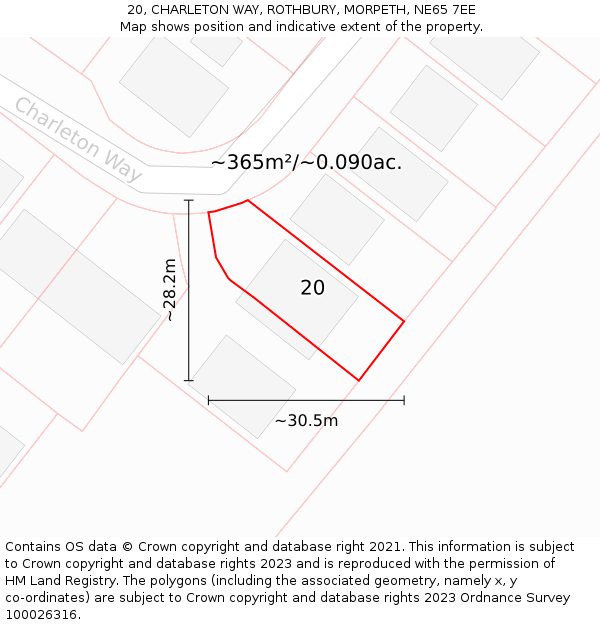 20, CHARLETON WAY, ROTHBURY, MORPETH, NE65 7EE: Plot and title map