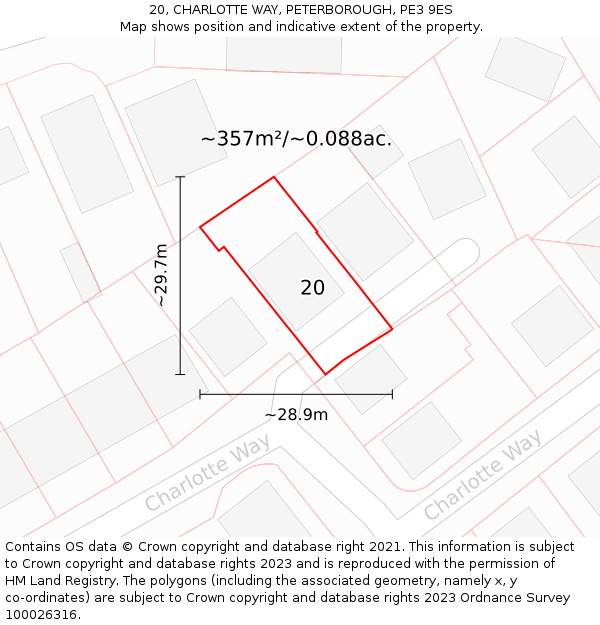 20, CHARLOTTE WAY, PETERBOROUGH, PE3 9ES: Plot and title map