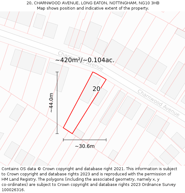 20, CHARNWOOD AVENUE, LONG EATON, NOTTINGHAM, NG10 3HB: Plot and title map