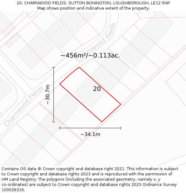 20, CHARNWOOD FIELDS, SUTTON BONINGTON, LOUGHBOROUGH, LE12 5NP: Plot and title map