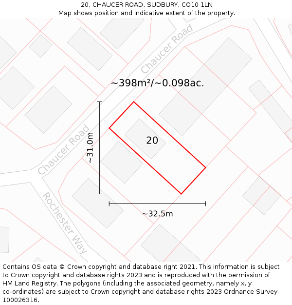 20, CHAUCER ROAD, SUDBURY, CO10 1LN: Plot and title map