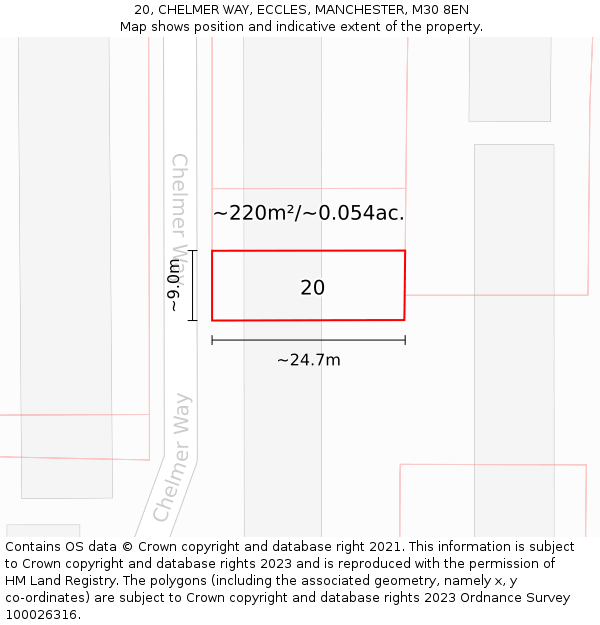 20, CHELMER WAY, ECCLES, MANCHESTER, M30 8EN: Plot and title map