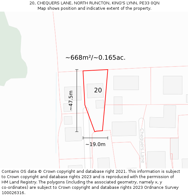20, CHEQUERS LANE, NORTH RUNCTON, KING'S LYNN, PE33 0QN: Plot and title map