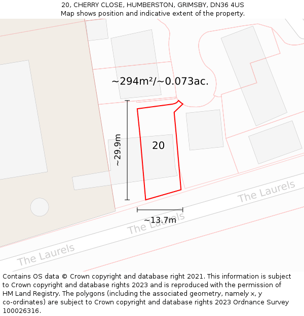 20, CHERRY CLOSE, HUMBERSTON, GRIMSBY, DN36 4US: Plot and title map