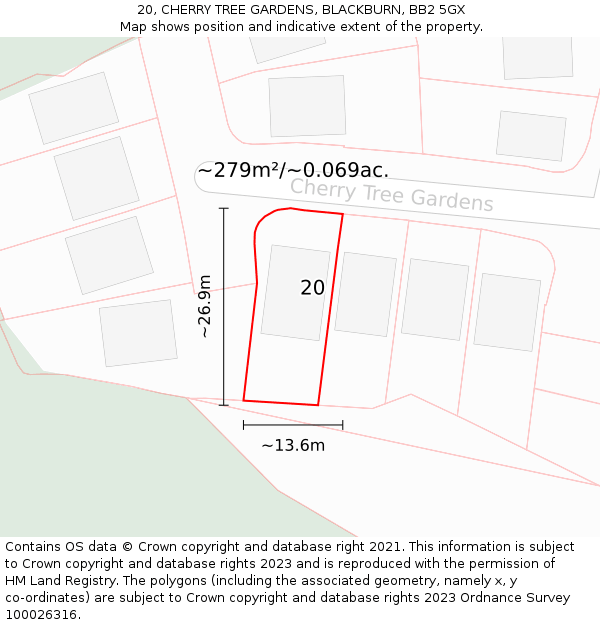 20, CHERRY TREE GARDENS, BLACKBURN, BB2 5GX: Plot and title map
