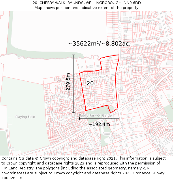 20, CHERRY WALK, RAUNDS, WELLINGBOROUGH, NN9 6DD: Plot and title map