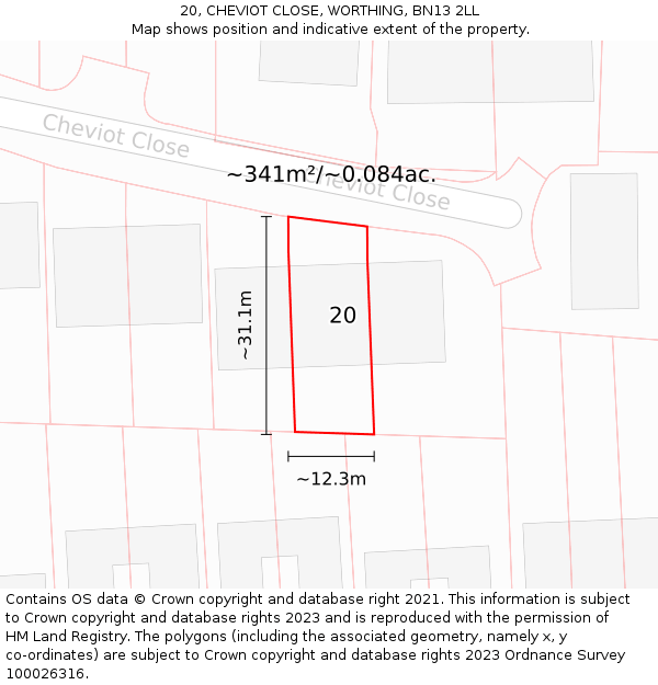 20, CHEVIOT CLOSE, WORTHING, BN13 2LL: Plot and title map