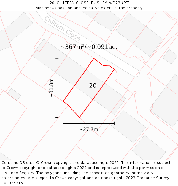 20, CHILTERN CLOSE, BUSHEY, WD23 4PZ: Plot and title map