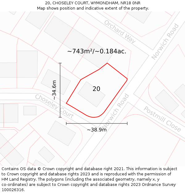 20, CHOSELEY COURT, WYMONDHAM, NR18 0NR: Plot and title map