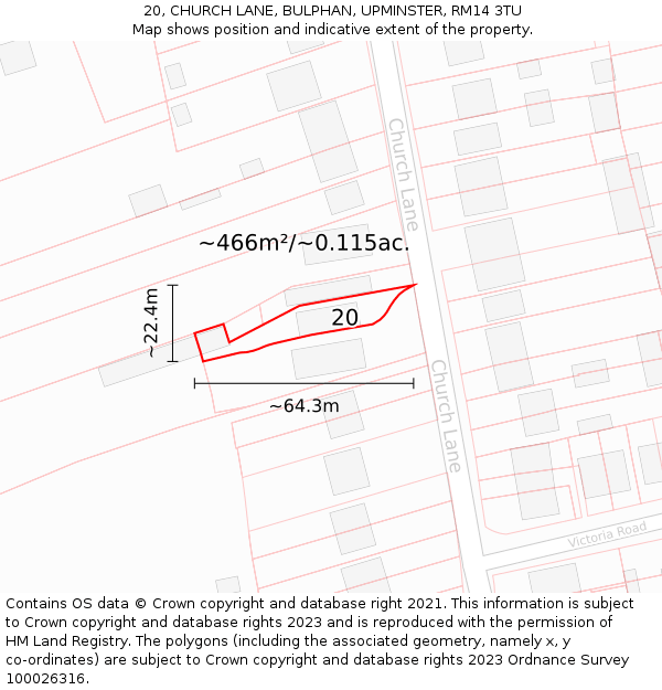 20, CHURCH LANE, BULPHAN, UPMINSTER, RM14 3TU: Plot and title map