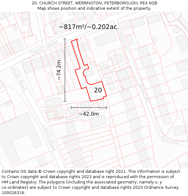20, CHURCH STREET, WERRINGTON, PETERBOROUGH, PE4 6QB: Plot and title map