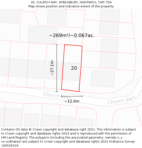 20, CHURCH WAY, WYBUNBURY, NANTWICH, CW5 7SA: Plot and title map