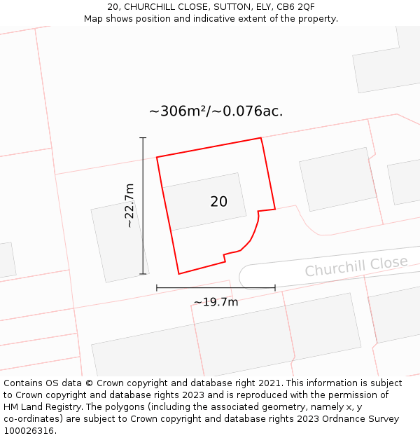 20, CHURCHILL CLOSE, SUTTON, ELY, CB6 2QF: Plot and title map
