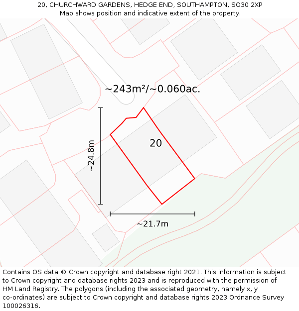 20, CHURCHWARD GARDENS, HEDGE END, SOUTHAMPTON, SO30 2XP: Plot and title map