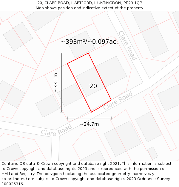 20, CLARE ROAD, HARTFORD, HUNTINGDON, PE29 1QB: Plot and title map