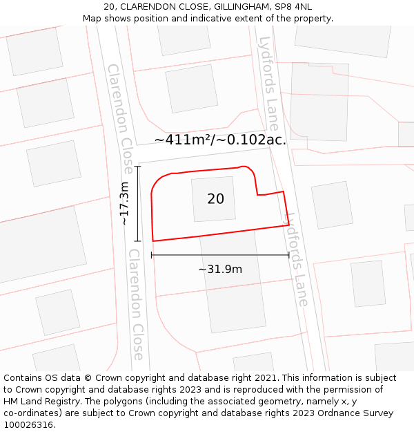20, CLARENDON CLOSE, GILLINGHAM, SP8 4NL: Plot and title map