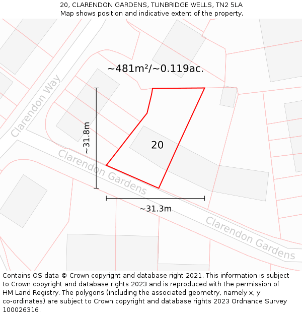 20, CLARENDON GARDENS, TUNBRIDGE WELLS, TN2 5LA: Plot and title map