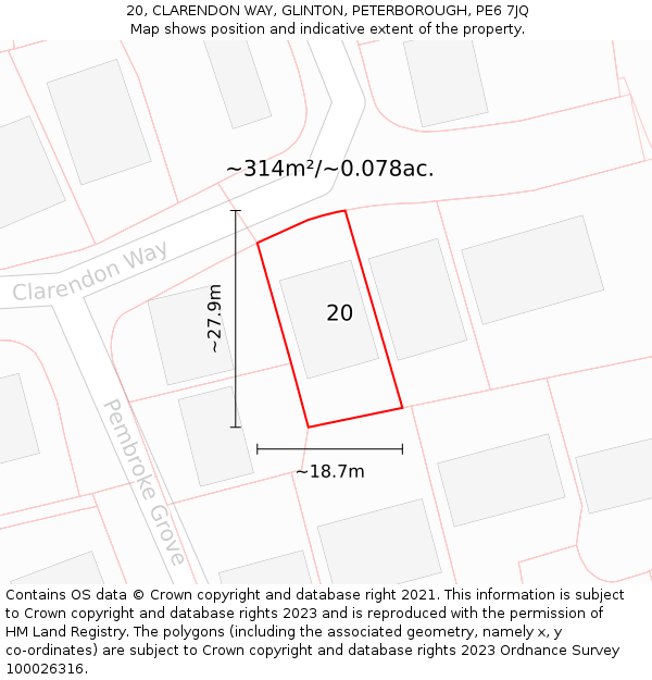 20, CLARENDON WAY, GLINTON, PETERBOROUGH, PE6 7JQ: Plot and title map